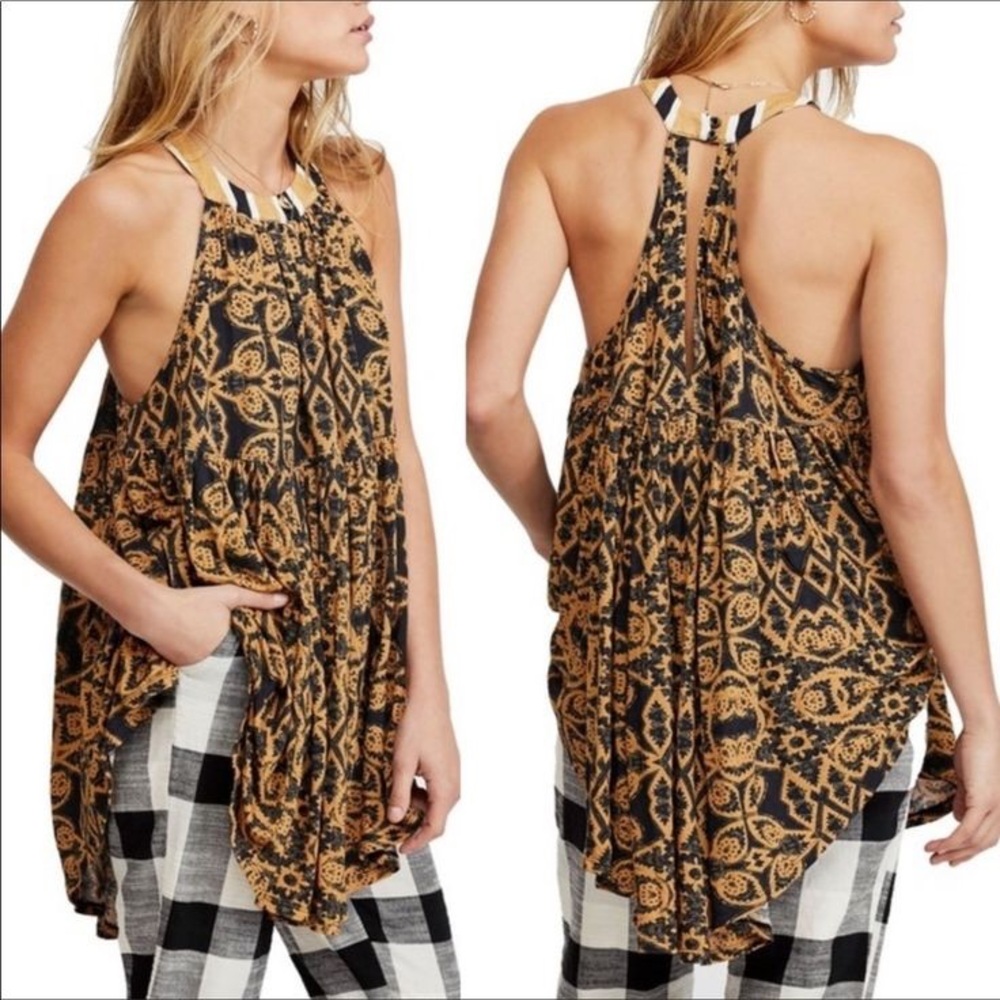 Free People Mimi Tunic Black Gold Women’s Oversized Abstract Boho Tank Top Small